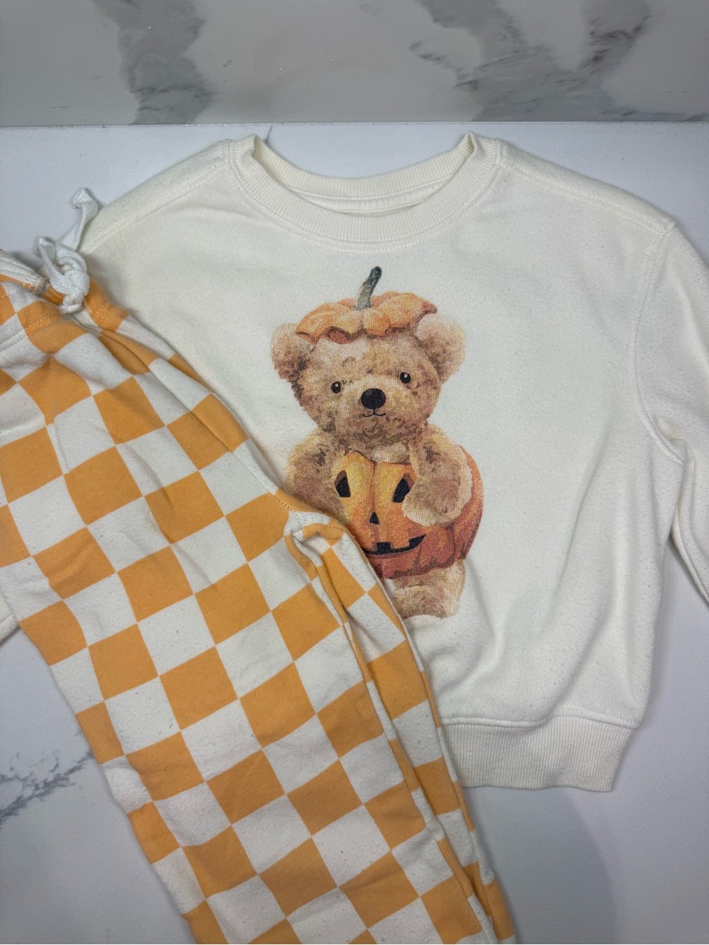 Kids Cream Pumpkin Bear Set with Orange Check Pants